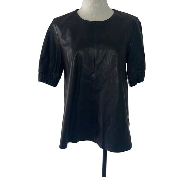 Cos Womens Top Size XS Black Leather Short Sleeve Side Slits Crew Neck - Picture 1 of 7